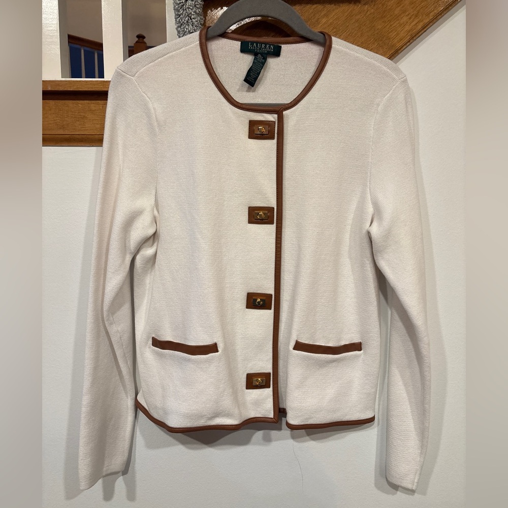Ralph Lauren Cream Sweater with Brown Accents - Womens Large Petite